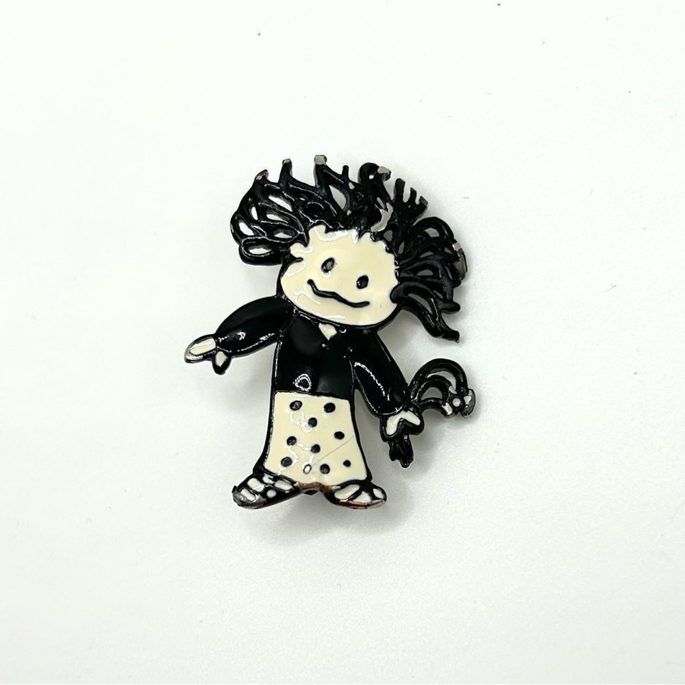 Vintage 80s Messy Hair Girl Black and White Cartoon Character Brooch